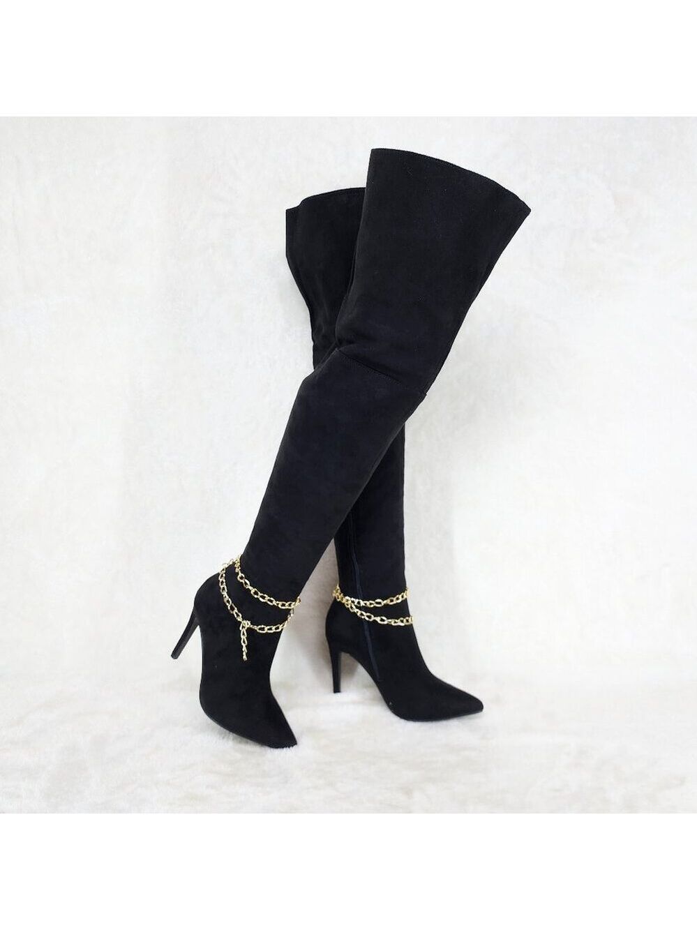Bad Girlz Black Faux Suede Wide Top Thigh High Boots Chain Details